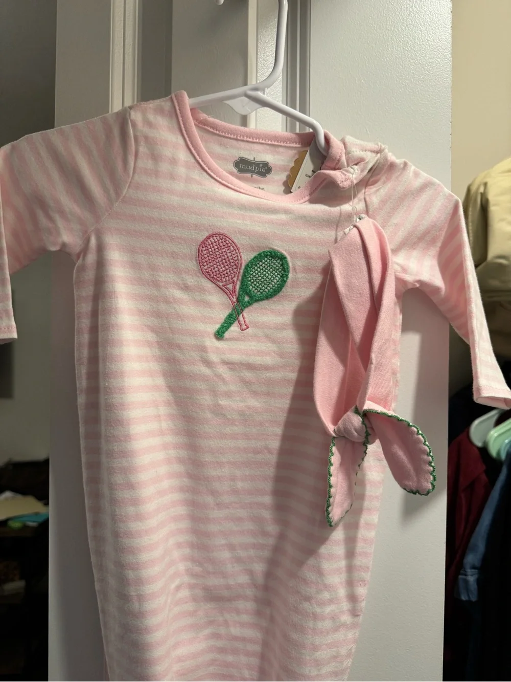 Mud Pie Pink Striped Baby Gown with Tennis Racket Appliqué